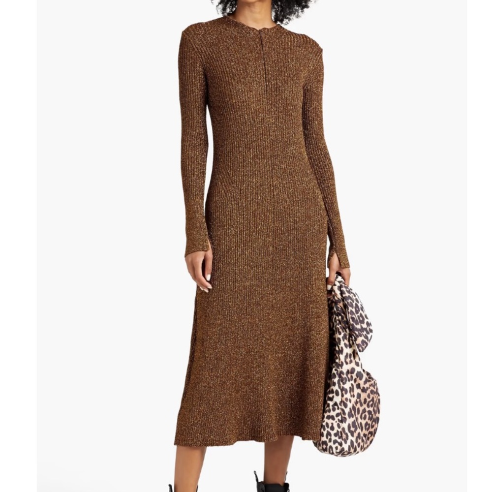 NWT Ganni gold metallic zipper midi dress ribbed-knit